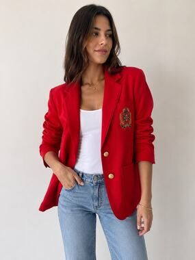 Vintage Spiegel Red Blazer Jacket Crest Gold Buttons Preppy Academia Size 12